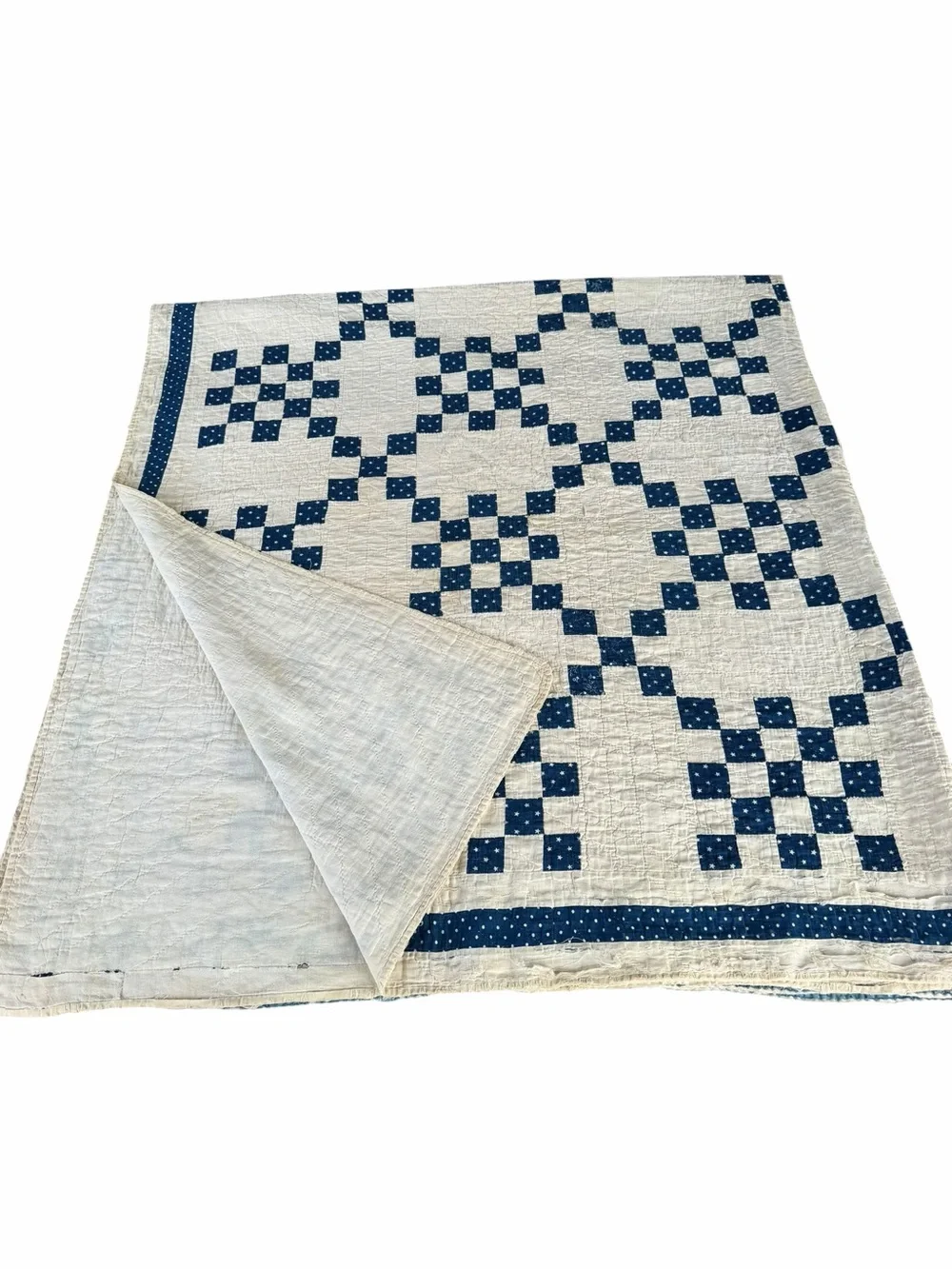 VTG Irish Chain Quilt Blue White Stars Soft Gauzy Cotton 1940s Cutter 70x75